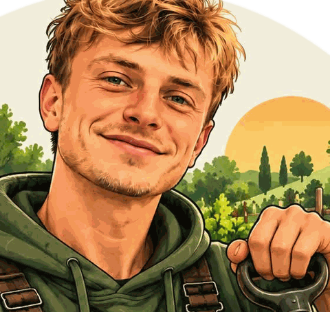 Portrait illustré d’Emeric, fondateur d’Eme la terre, dans un potager
